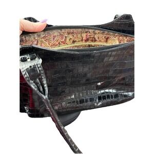 Maxx New York Black Croc Embossed Leather Double Strap Shoulder Pocket Handbag